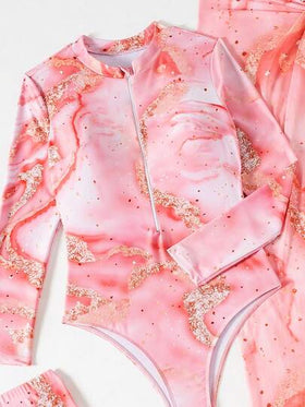 Swim Shayni مجموعة ملابس سباحة نسائية من 3 قطع، طراز بوهيمي أنيق بطبعة رخامية مائية - بودي سويت + بنطلون + تنورة، طراز شبابي عصري، مناسب للربيع/الصيف