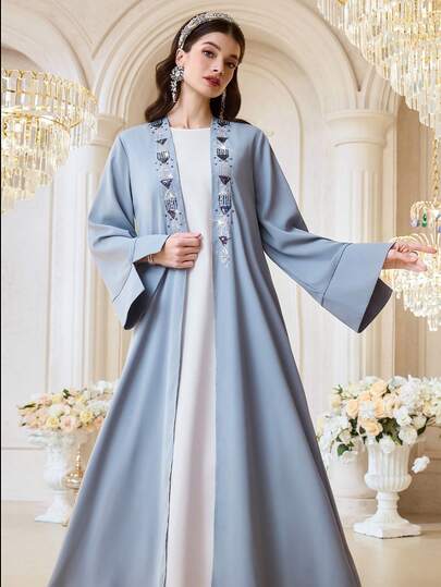 Al Najma رمضان عباية أنيقة للنساء مطرزة بالترتر، مفتوحة من الأمام، موديل خريفي