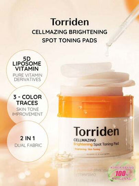 Torriden وسادات القطن المضيئة والمخفضة للبقع (70 وسادة) من Cellmazing، تضيء البشرة وتقلل من الخمول، تستهدف علامات حب الشباب والبقع الداكنة، تقشير لطيف، تنعم البشرة، ترطب وتساعد على تقوية حاجز البشرة، مناسبة لجميع أنواع البشرة للاستخدام اليومي.