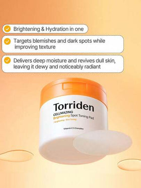 Torriden وسادات القطن المضيئة والمخفضة للبقع (70 وسادة) من Cellmazing، تضيء البشرة وتقلل من الخمول، تستهدف علامات حب الشباب والبقع الداكنة، تقشير لطيف، تنعم البشرة، ترطب وتساعد على تقوية حاجز البشرة، مناسبة لجميع أنواع البشرة للاستخدام اليومي.