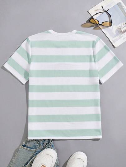 SHEIN ملابس علوية قصير الأكمام مريح وفضفاض للمراهقين الذكور بتصميم مخطط