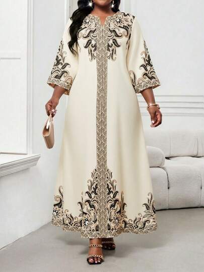 SHEIN Lady فستان طباعة عتيقة أنيق بياقة مفصصة مقاس كبير