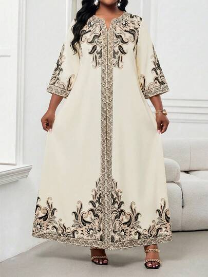 SHEIN Lady فستان طباعة عتيقة أنيق بياقة مفصصة مقاس كبير