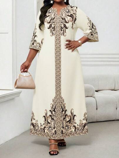 SHEIN Lady فستان طباعة عتيقة أنيق بياقة مفصصة مقاس كبير