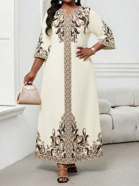 SHEIN Lady فستان طباعة عتيقة أنيق بياقة مفصصة مقاس كبير