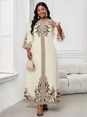 SHEIN Lady فستان طباعة عتيقة أنيق بياقة مفصصة مقاس كبير