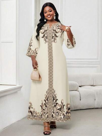 SHEIN Lady فستان طباعة عتيقة أنيق بياقة مفصصة مقاس كبير