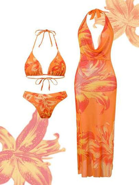 Swim Oasis مجموعة 3 قطع: ملابس علوية بكيني بحمالات رفيعة مطبوع، سروال قطع على شكل V، وغطاء مطبوع من الشبك