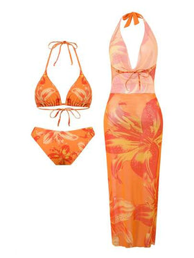 Swim Oasis مجموعة 3 قطع: ملابس علوية بكيني بحمالات رفيعة مطبوع، سروال قطع على شكل V، وغطاء مطبوع من الشبك