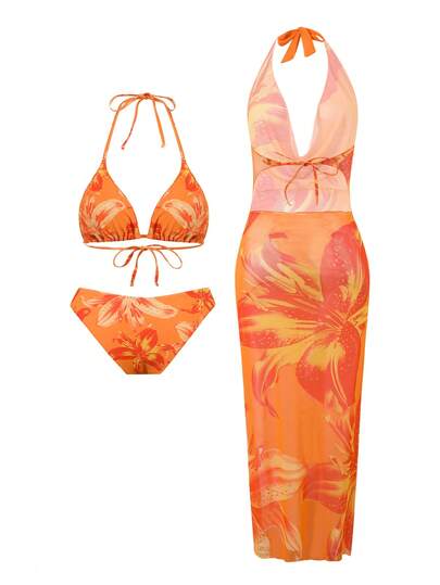 Swim Oasis مجموعة 3 قطع: ملابس علوية بكيني بحمالات رفيعة مطبوع، سروال قطع على شكل V، وغطاء مطبوع من الشبك