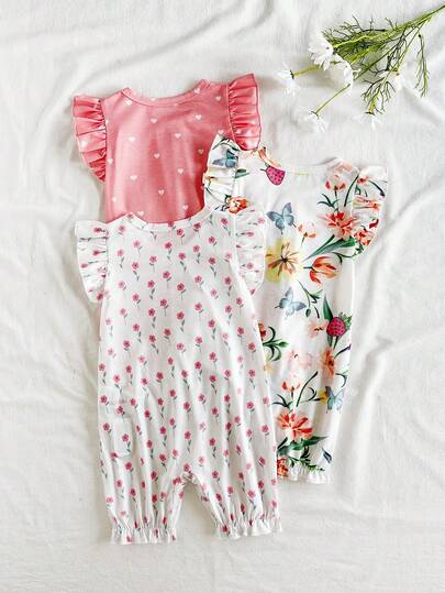 SHEIN Vintaside Kids طقم رومبير مكون من 3 قطع مطبوع عليه حشرات للبنات الصغار، يشمل قبعة مكسرة الأكمام وشورت بخصر مجمع، ملابس صيفية مريحة وكاجوال