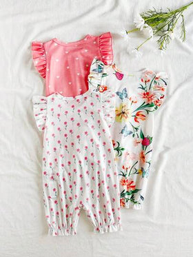 SHEIN Vintaside Kids طقم رومبير مكون من 3 قطع مطبوع عليه حشرات للبنات الصغار، يشمل قبعة مكسرة الأكمام وشورت بخصر مجمع، ملابس صيفية مريحة وكاجوال