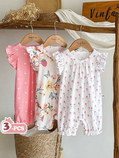 SHEIN Vintaside Kids طقم رومبير مكون من 3 قطع مطبوع عليه حشرات للبنات الصغار، يشمل قبعة مكسرة الأكمام وشورت بخصر مجمع، ملابس صيفية مريحة وكاجوال