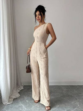 Louniche جمبسوت رشيقة أحادية الكتف مطوية، خصر مناسب، للارتداء اليومي العادي، ليلة المواعدة، موسم حفلات الزفاف، نسيج خفيف لون المشمش مناسب للشرق الأوسط والإمارات العربية المتحدة