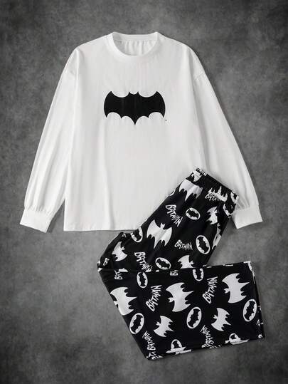BATMAN X SHEIN طقم ملابس رياضية للرجال بطبعة الخفافيش بياقة دائرية وأكمام طويلة وبنطلون، موسم الخريف