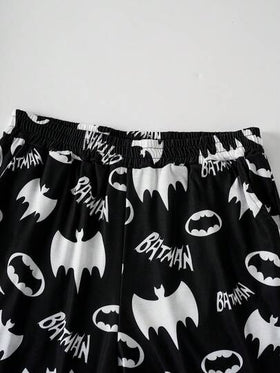 BATMAN X SHEIN طقم ملابس رياضية للرجال بطبعة الخفافيش بياقة دائرية وأكمام طويلة وبنطلون، موسم الخريف