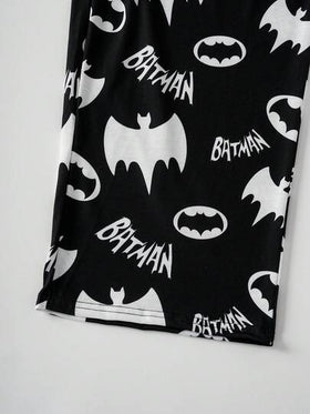 BATMAN X SHEIN طقم ملابس رياضية للرجال بطبعة الخفافيش بياقة دائرية وأكمام طويلة وبنطلون، موسم الخريف