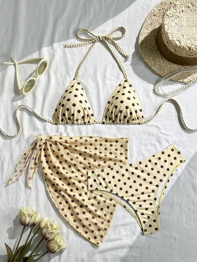 Swim Mod مجموعة بيكيني نسائية مكونة من 3 قطع بطبعة نقاط، قطعة علوية بربطة خلفية، مناسبة للشاطئ والعطلات الصيفية، ملابس الربيع والكرنفال 2026، بيكيني مع تنورة، مجموعة ملابس سباحة أنيقة وكاجوال