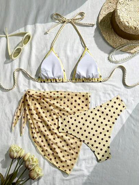 Swim Mod مجموعة بيكيني نسائية مكونة من 3 قطع بطبعة نقاط، قطعة علوية بربطة خلفية، مناسبة للشاطئ والعطلات الصيفية، ملابس الربيع والكرنفال 2026، بيكيني مع تنورة، مجموعة ملابس سباحة أنيقة وكاجوال