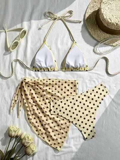 Swim Mod مجموعة بيكيني نسائية مكونة من 3 قطع بطبعة نقاط، قطعة علوية بربطة خلفية، مناسبة للشاطئ والعطلات الصيفية، ملابس الربيع والكرنفال 2026، بيكيني مع تنورة، مجموعة ملابس سباحة أنيقة وكاجوال