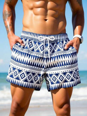 Manfinity Swimmode شورت شاطئ مطبوع بالكامل مع خصر رباط للرجال في الصيف