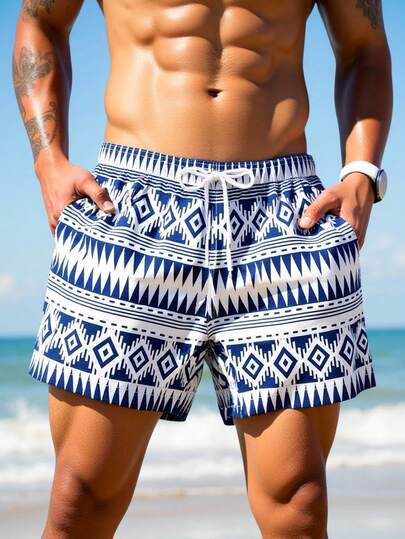 Manfinity Swimmode شورت شاطئ مطبوع بالكامل مع خصر رباط للرجال في الصيف