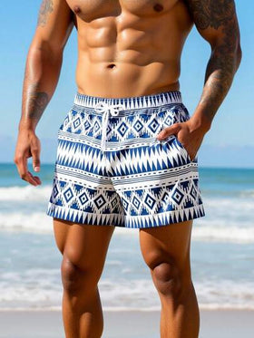Manfinity Swimmode شورت شاطئ مطبوع بالكامل مع خصر رباط للرجال في الصيف