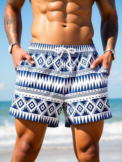Manfinity Swimmode شورت شاطئ مطبوع بالكامل مع خصر رباط للرجال في الصيف