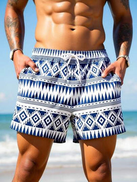 Manfinity Swimmode شورت شاطئ مطبوع بالكامل مع خصر رباط للرجال في الصيف