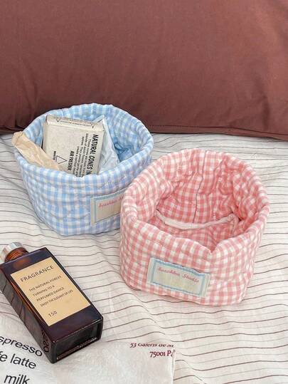 1 قطعة سلة تخزين دائرية كبيرة السعة على المكتب، سلة تخزين مبطنة بنمط قلب شبكي، مبطنة بشكل أنيق وقابلة للحمل، يمكن استخدامها لتزيين غرفة المكتب أو غرفة المعيشة، يمكن استخدامها لتخزين فرش المكياج والعناية بالبشرة والمستحضرات والأحمر والكريمات واليد والعم...