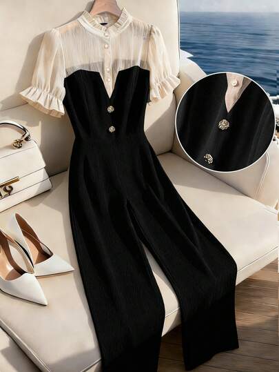 SHEIN Elenzya جمبسوت قصيرة مرنة للنساء ذوات الأحجام الكبيرة مع ألواح شفافة وياقة مكشكشة وسحاب جانبي في الخصر وأكمام قصيرة، أنيقة للتنقل والارتداء اليومي العادي