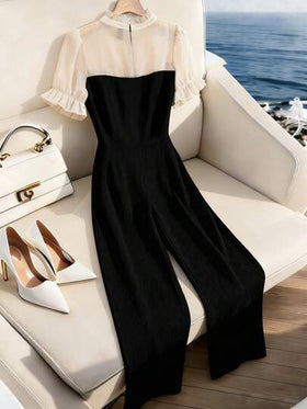 SHEIN Elenzya جمبسوت قصيرة مرنة للنساء ذوات الأحجام الكبيرة مع ألواح شفافة وياقة مكشكشة وسحاب جانبي في الخصر وأكمام قصيرة، أنيقة للتنقل والارتداء اليومي العادي
