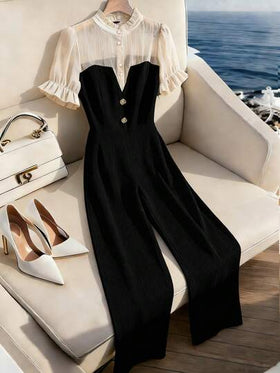 SHEIN Elenzya جمبسوت قصيرة مرنة للنساء ذوات الأحجام الكبيرة مع ألواح شفافة وياقة مكشكشة وسحاب جانبي في الخصر وأكمام قصيرة، أنيقة للتنقل والارتداء اليومي العادي