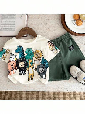 SHEIN مجموعة ملابس علوية وشورت كاجوال للأطفال الرضع بنات/أولاد بطبعات حيوانات بألوان الكريون، فضفاضة بياقة مستديرة، مناسبة للارتداء في الربيع والصيف، قطعتان/مجموعة