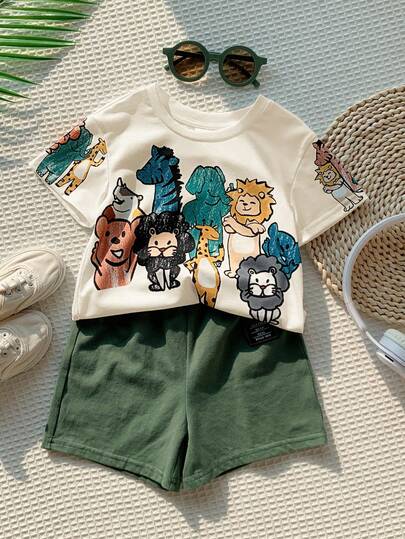 SHEIN مجموعة ملابس علوية وشورت كاجوال للأطفال الرضع بنات/أولاد بطبعات حيوانات بألوان الكريون، فضفاضة بياقة مستديرة، مناسبة للارتداء في الربيع والصيف، قطعتان/مجموعة