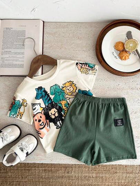 SHEIN مجموعة ملابس علوية وشورت كاجوال للأطفال الرضع بنات/أولاد بطبعات حيوانات بألوان الكريون، فضفاضة بياقة مستديرة، مناسبة للارتداء في الربيع والصيف، قطعتان/مجموعة