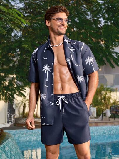 Manfinity Swimmode ملابس صيفية فضفاضة للشاطئ مع أزرار أمامية وأكمام قصيرة منسدلة للرجال