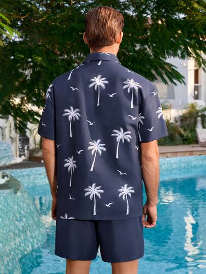 Manfinity Swimmode ملابس صيفية فضفاضة للشاطئ مع أزرار أمامية وأكمام قصيرة منسدلة للرجال