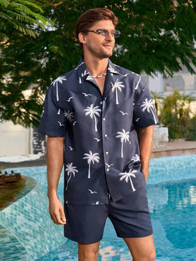Manfinity Swimmode ملابس صيفية فضفاضة للشاطئ مع أزرار أمامية وأكمام قصيرة منسدلة للرجال