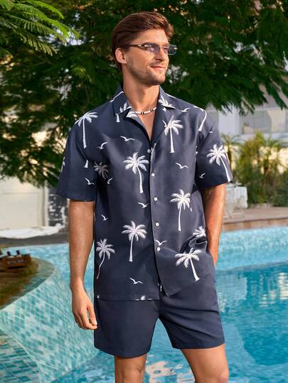 Manfinity Swimmode ملابس صيفية فضفاضة للشاطئ مع أزرار أمامية وأكمام قصيرة منسدلة للرجال