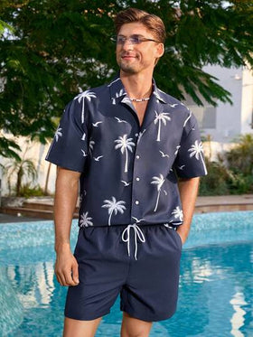 Manfinity Swimmode ملابس صيفية فضفاضة للشاطئ مع أزرار أمامية وأكمام قصيرة منسدلة للرجال