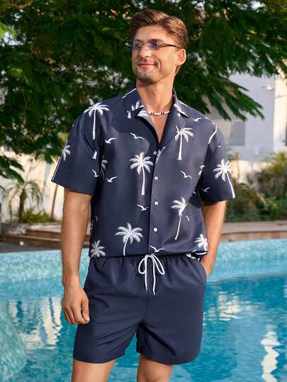 Manfinity Swimmode ملابس صيفية فضفاضة للشاطئ مع أزرار أمامية وأكمام قصيرة منسدلة للرجال