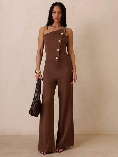 SHEIN Glamour جمبسوت نسائية بلون أحادي مع فتحة رقبة غير متماثلة وأزرار