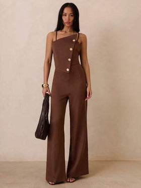 SHEIN Glamour جمبسوت نسائية بلون أحادي مع فتحة رقبة غير متماثلة وأزرار
