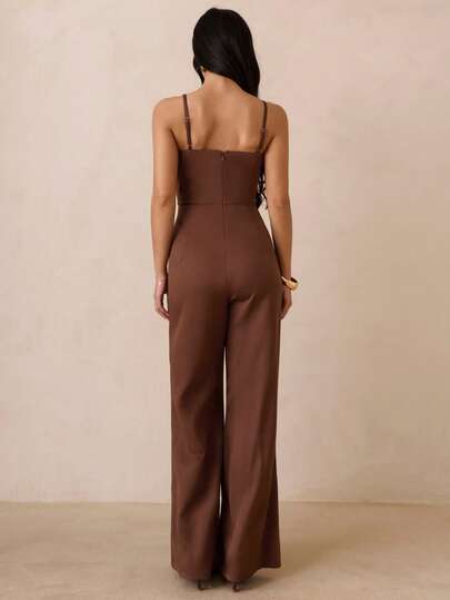 SHEIN Glamour جمبسوت نسائية بلون أحادي مع فتحة رقبة غير متماثلة وأزرار