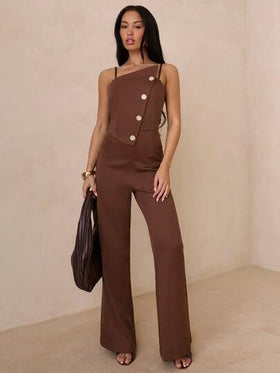 SHEIN Glamour جمبسوت نسائية بلون أحادي مع فتحة رقبة غير متماثلة وأزرار