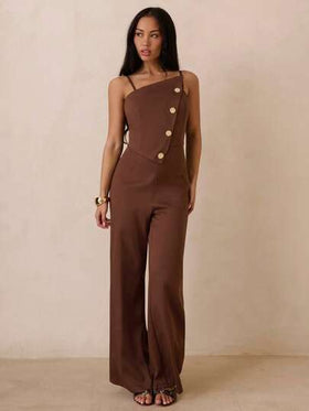 SHEIN Glamour جمبسوت نسائية بلون أحادي مع فتحة رقبة غير متماثلة وأزرار