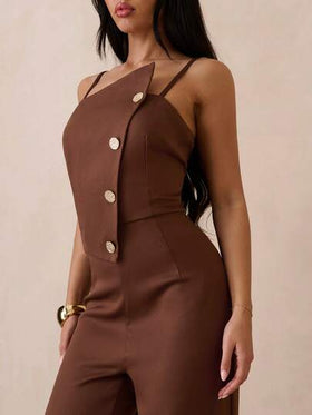SHEIN Glamour جمبسوت نسائية بلون أحادي مع فتحة رقبة غير متماثلة وأزرار