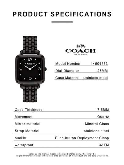 Coach ساعة كاس النسائية كوارتز تناظرية سوداء المينا مصنوعة من الفولاذ المقاوم للصدأ