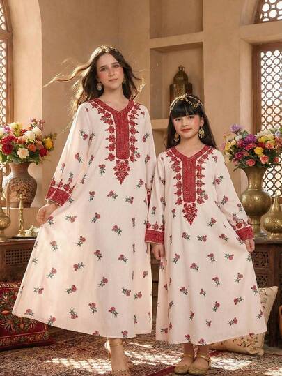 SHEIN رمضان فستان فضفاض بأكمام طويلة وياقة على شكل حرف V مع طباعة زهرية للفتيات المراهقات